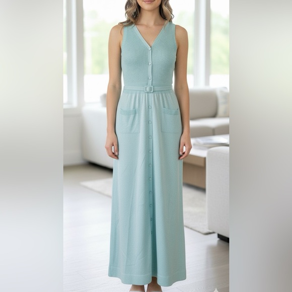 Vintage Dresses & Skirts - VINTAGE Aqua Shimmer Knit Maxi Dress